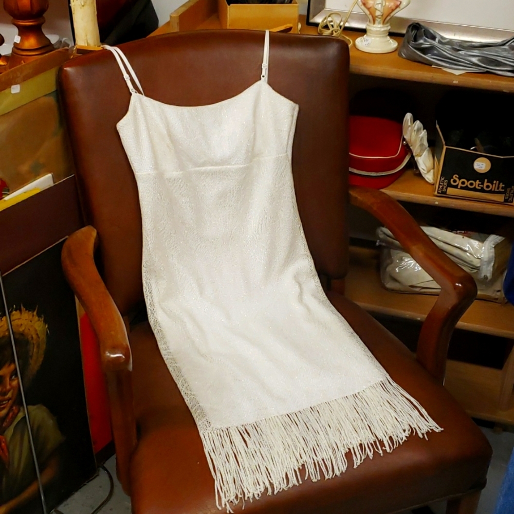 Vtg flapper cocktail white dress fringe